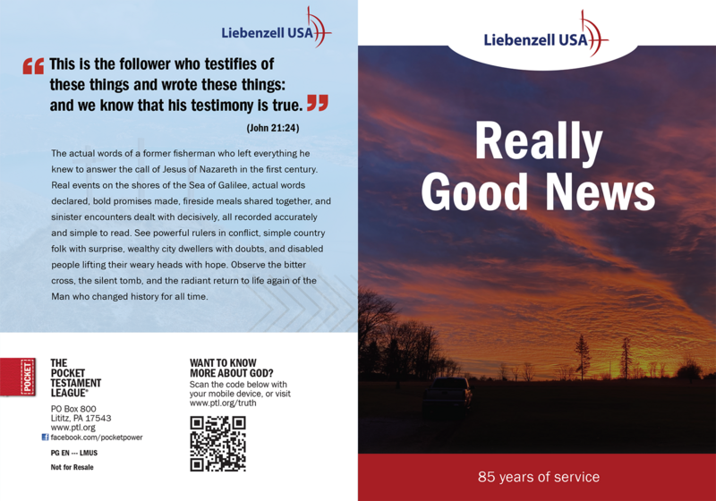 Really Good News, Liebenzell USA | Custom Gospel Gospel front and back cover spread.