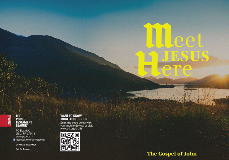 Meet Jesus Here Gospel front and back cover spread.
